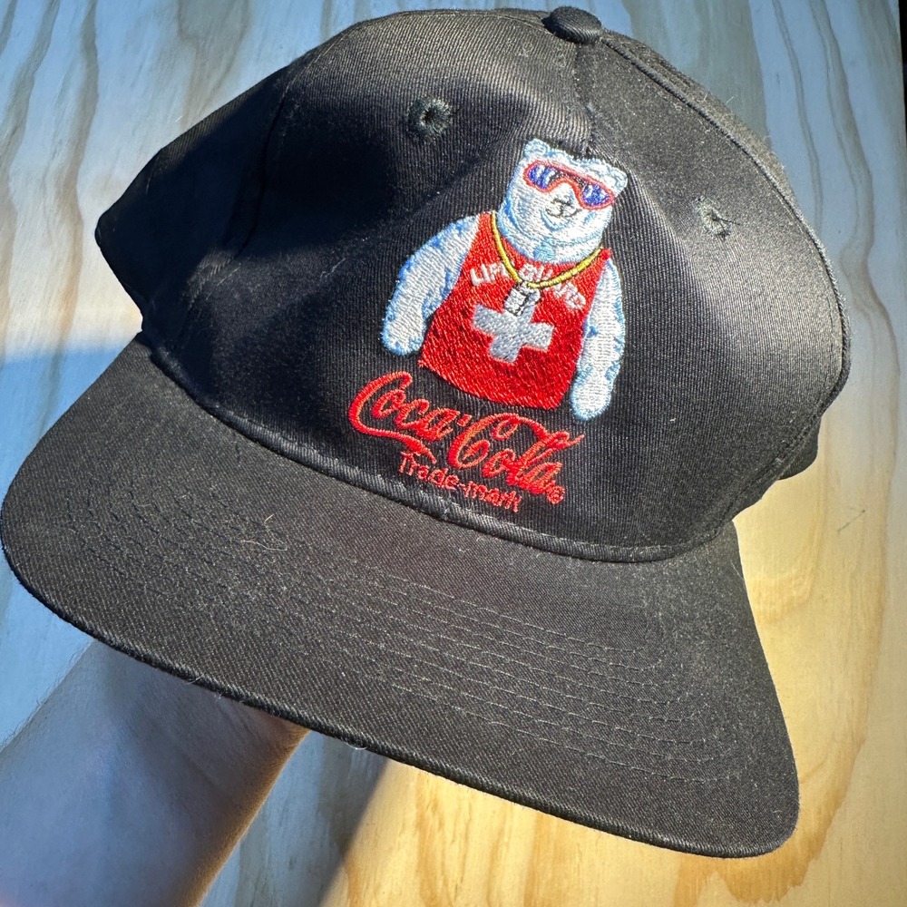 Coca-Cola Vintage Polar Bear Lifeguard Snapback Hat Black Retro 90s Cap